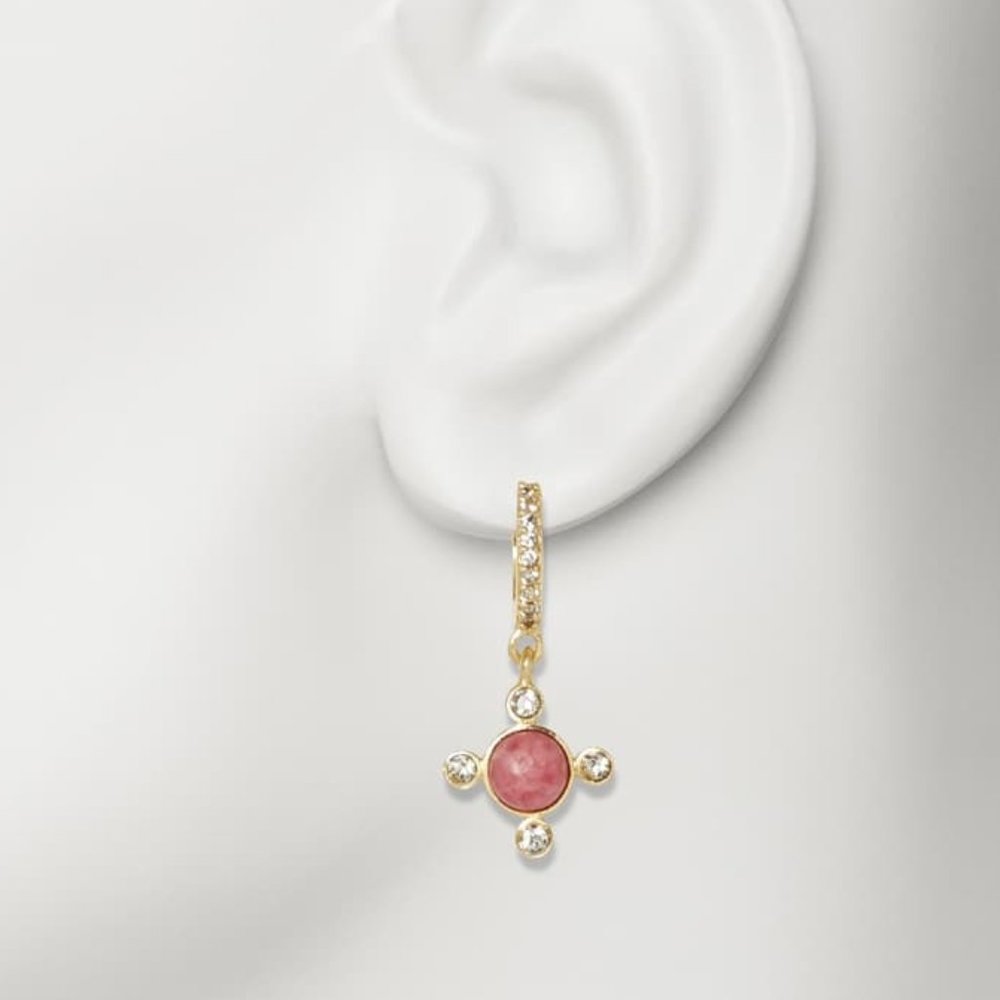 Soul Society Pave Earrings Four Pointed Drop Huggie Pink Aventurine Crystal Gold